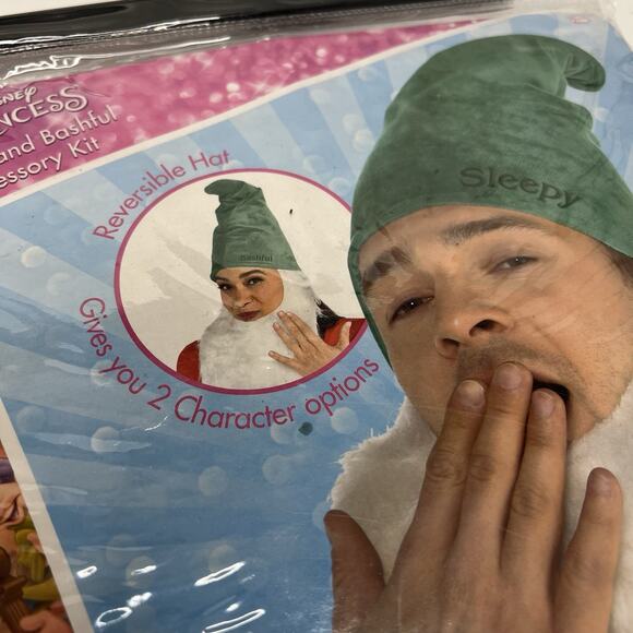 Disney Princess Sleepy Bashful Dwarf Costume Reversible Hat Beard Dopey Doc Lot - Picture 5 of 16